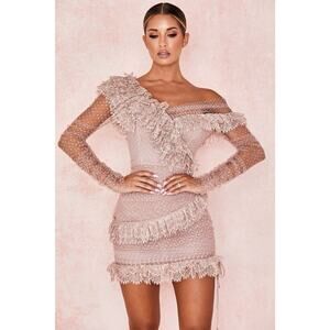 HOUSE OF CB Sorrel Tulle Asymmetric Minidress in Blush. Sz S Ethereal Coquette